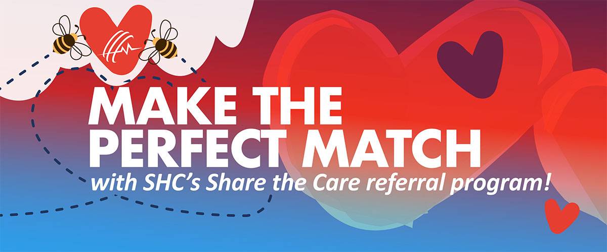 Promotional graphic for summer referral bonuses featuring a beach scene with a surfboard, flamingo float, beach ball, and tropical leaves. Text reads: "Splash into Referral Bonuses This Summer with SHC!.