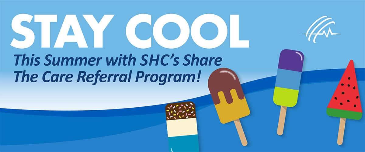 Promotional graphic for summer referral bonuses featuring a beach scene with a surfboard, flamingo float, beach ball, and tropical leaves. Text reads: "Splash into Referral Bonuses This Summer with SHC!.