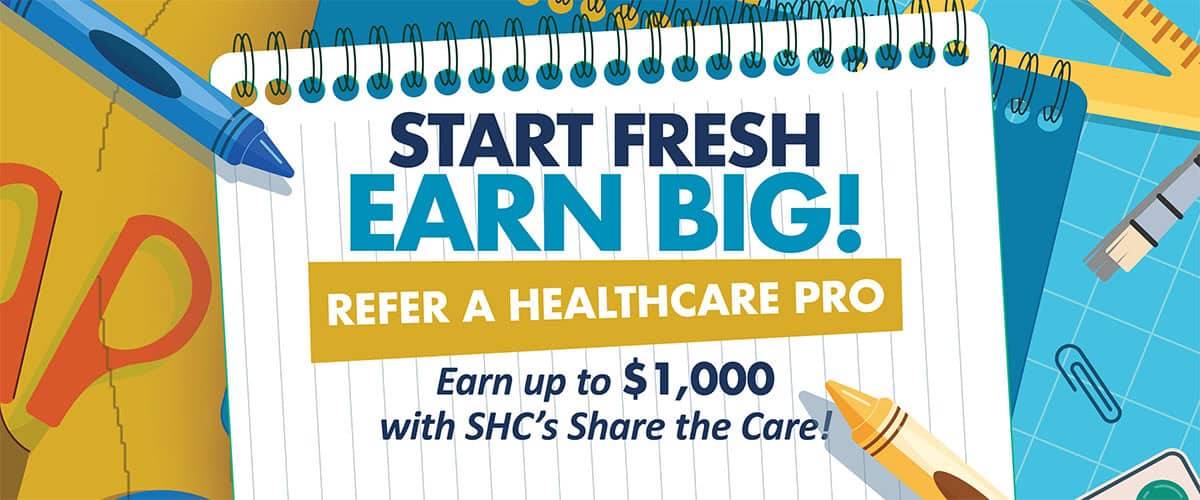 Promotional graphic for summer referral bonuses featuring a beach scene with a surfboard, flamingo float, beach ball, and tropical leaves. Text reads: "Splash into Referral Bonuses This Summer with SHC!.