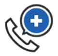 Icon of a phone receiver with a blue and white cross convesation bubble