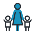 An icon shaped as a woman's figure in in blue holding the hands of two children figures on each side of her representing school nursing jobs.