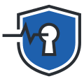 A blue and white keyhole icon with an E.K.G. pulse going through it representing Health Care Jobs in correctional facilities and governmental service fields.