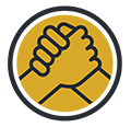 A yellow, rounded icon showing two hands in the center, clasped in comradery, representing teamwork within healthcare jobs.