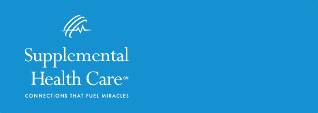 Blue background Supplemental Health Care Logo with the tagline: Connections That fuel Miracles