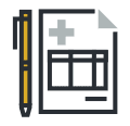 Image: drawn icon of a pen next to a healthcare document