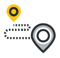 Graphic of a yellow map waypoint connected by a trail to a larger grey waypoints, representing Supplemental Health Care guiding you into your travel nurse job.