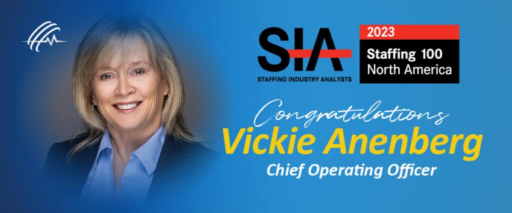 Banner: congrats to Vickie Anenberg for Staffing Insustry Analyst top 100 list