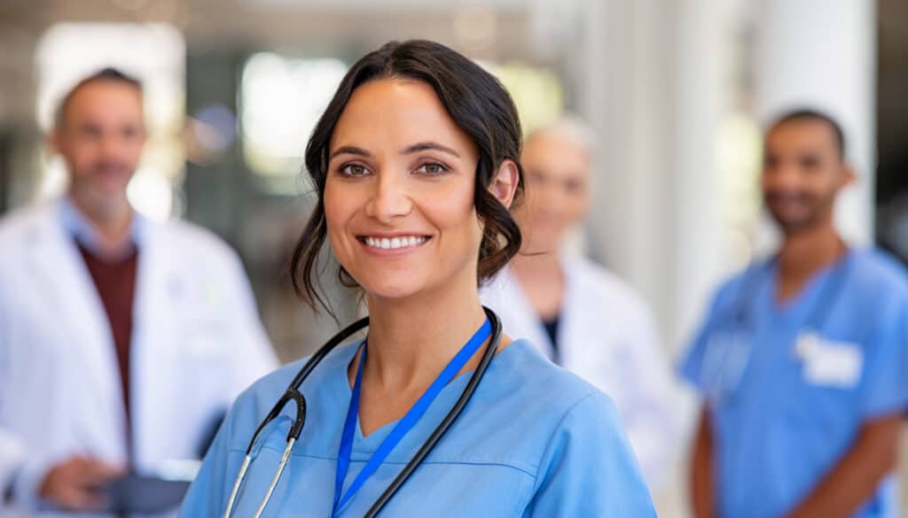 A photo of a nurse smiling toward the camera while three healthcare professionals stand behind her in the background