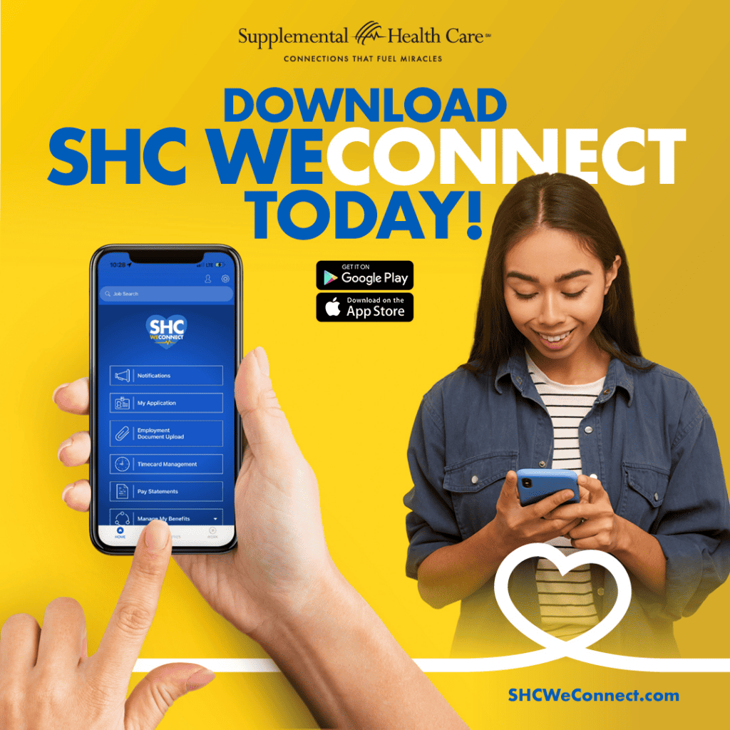 Image saying, Download Supplemental Health Care "We Connect" App Today from the app store or google play store.