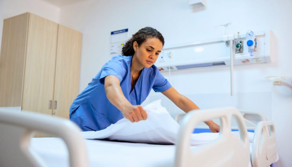 A nurse in blue scrubs makes a hospital bed, pulling a white sheet taut in a clean patient room.