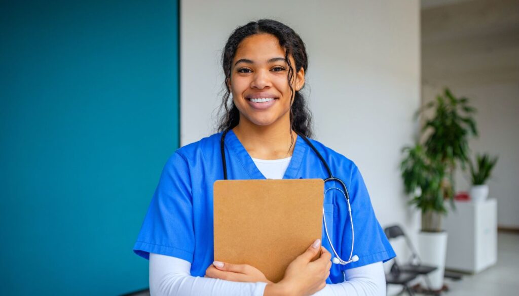 A nurse in blue scrubs stands indoors, smiling and holding a clipboard. A stethoscope hangs around her neck; a plant and chairs are visible in the background.