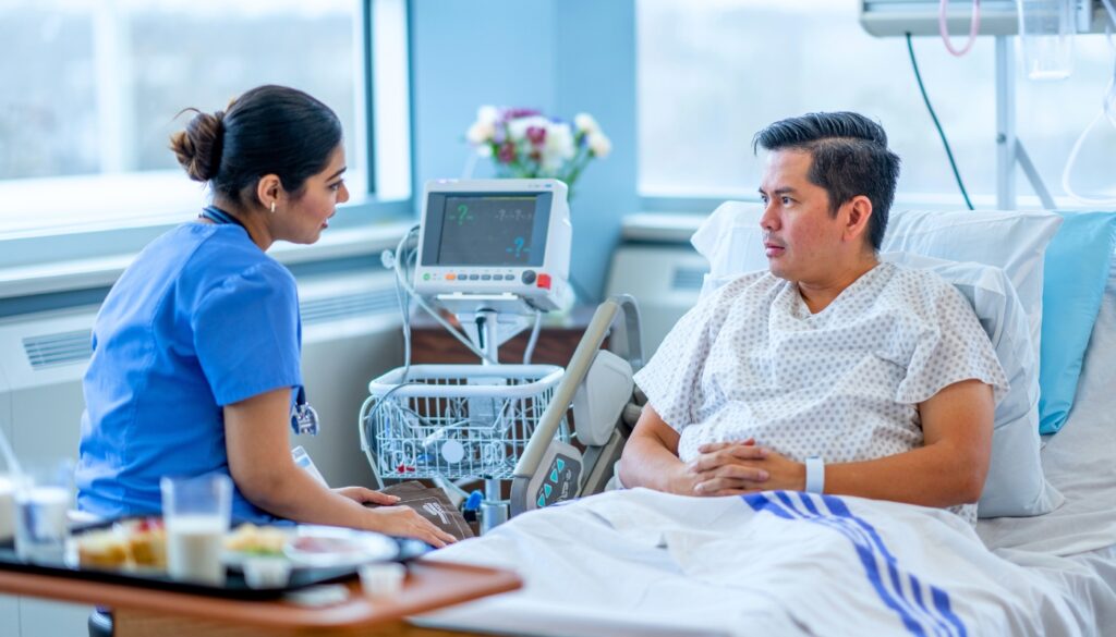 A nurse sits beside a man in a hospital bed, talking to him. Medical equipment is visible nearby.