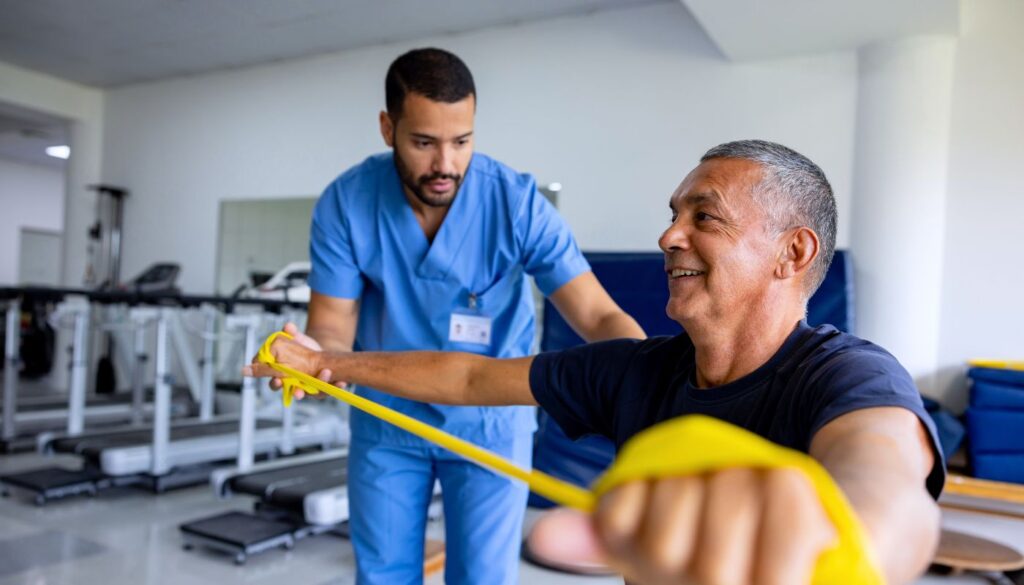 A man exercises with a yellow resistance band while a healthcare professional in blue scrubs assists him in a gym or rehabilitation setting.