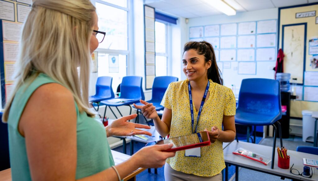 Two women stand and talk in a classroom with blue chairs stacked on desks; one woman holds a tablet and both wear lanyards.