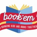 Illustration of an open book with a red ribbon across it reading "book'em" and "Bringing Kids and Books Together" underneath.