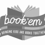 Logo featuring an open book with the text "book'em" and a ribbon below that says "Bringing Kids and Books Together.