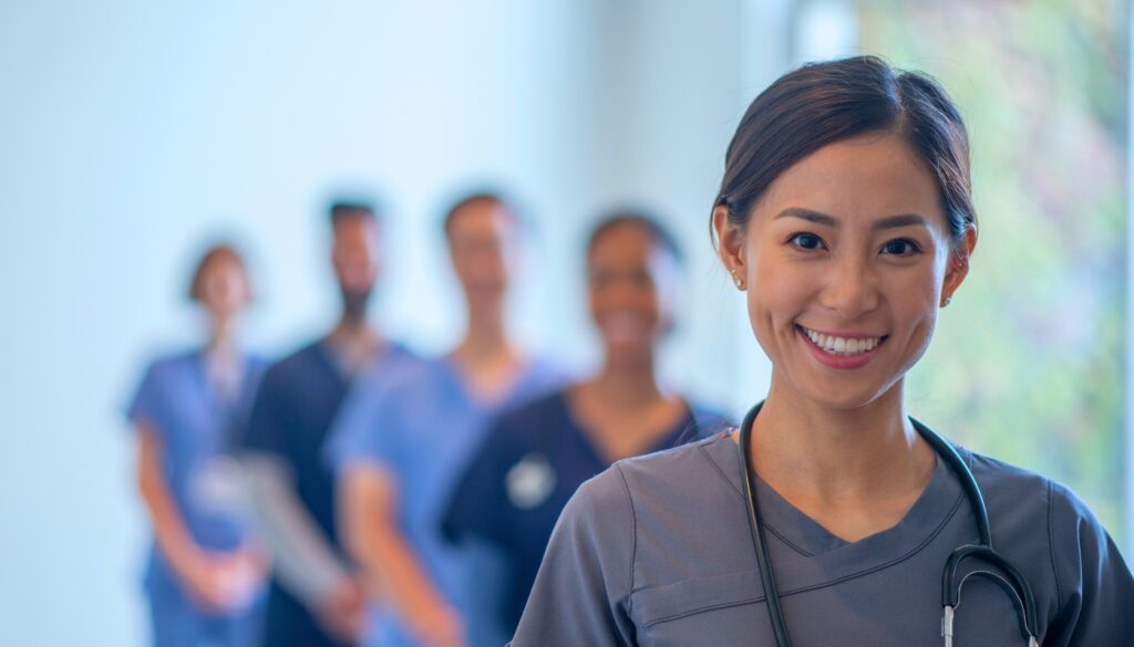 Smiling healthcare worker with stethoscope stands in focus, with four blurred medical colleagues in scrubs in the background.