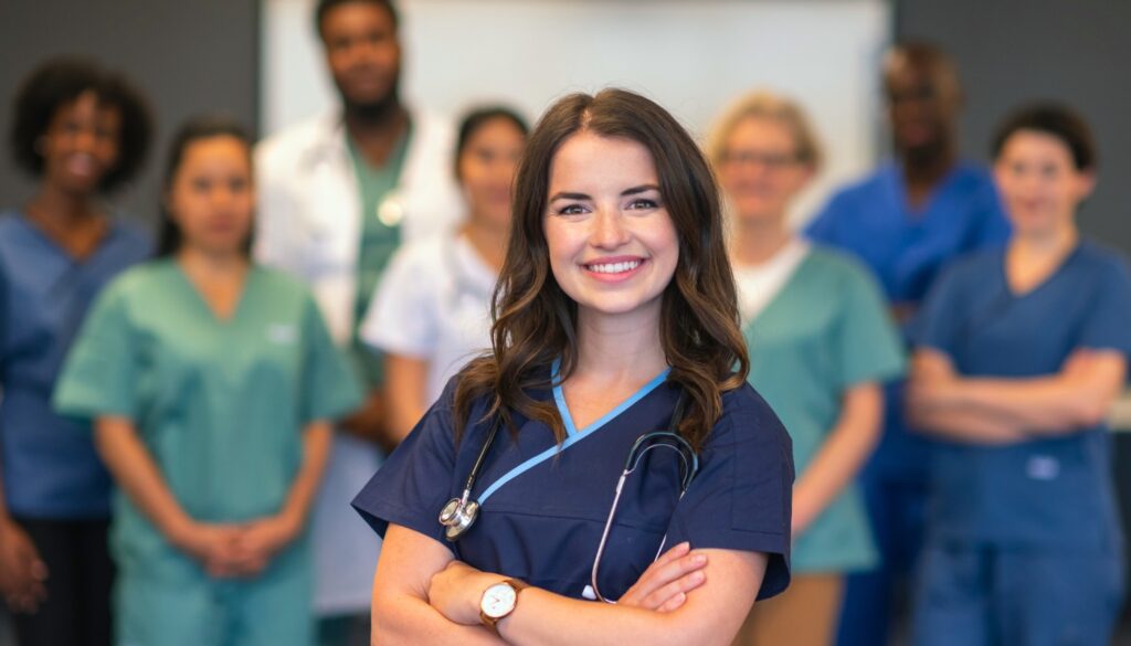 A confident woman in medical scrubs and a stethoscope stands in front of a diverse group of healthcare professionals.
