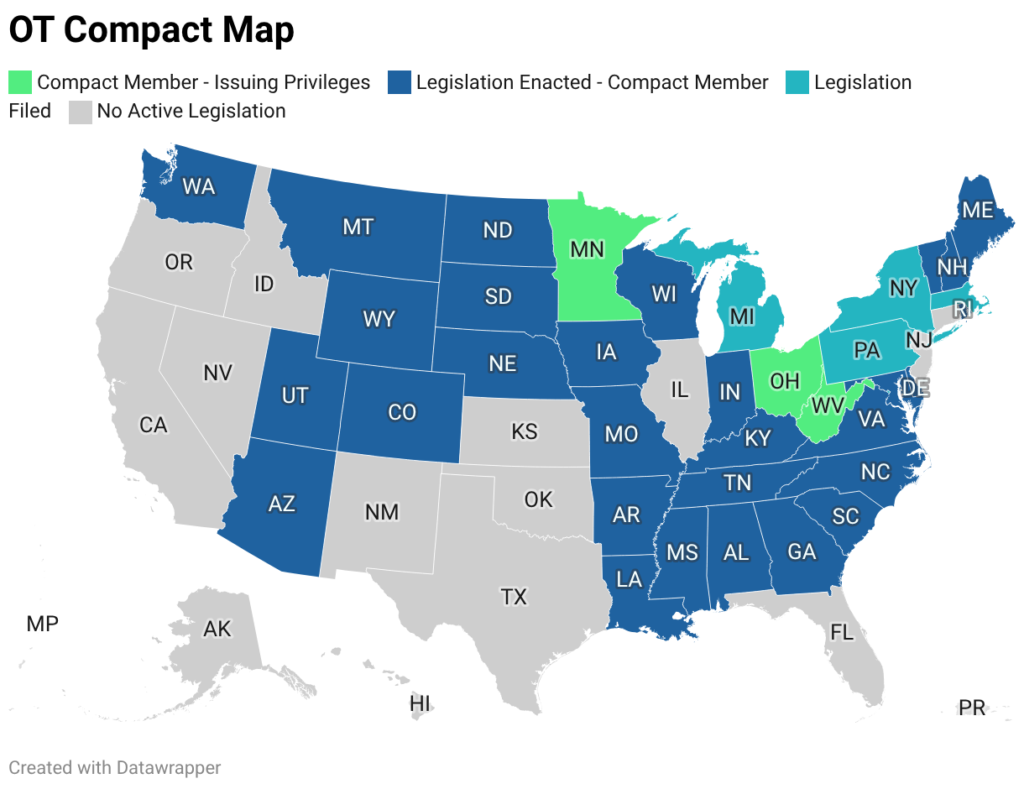 Map of the US showing states' status in the OT Compact: members in dark blue, legislation enacted in green, legislation filed in light blue, and no legislation in gray.