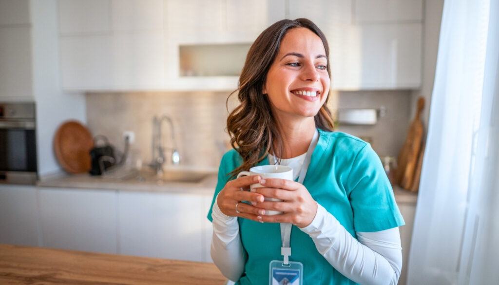 A woman in medical scrubs smiles while holding a mug in a bright kitchen.