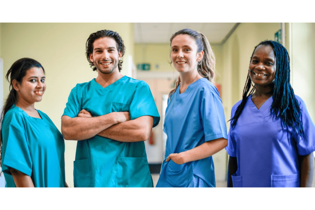 Four healthcare professionals in scrubs stand side by side in a hallway, smiling at the camera.