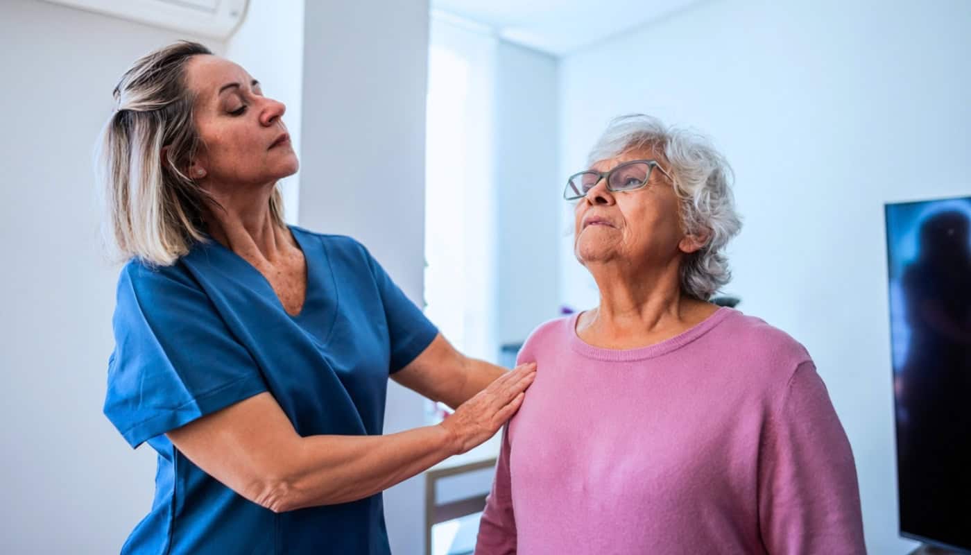 A healthcare professional in a blue scrub top places a hand on the shoulder of an older woman in a pink sweater during a physical therapy assessment.