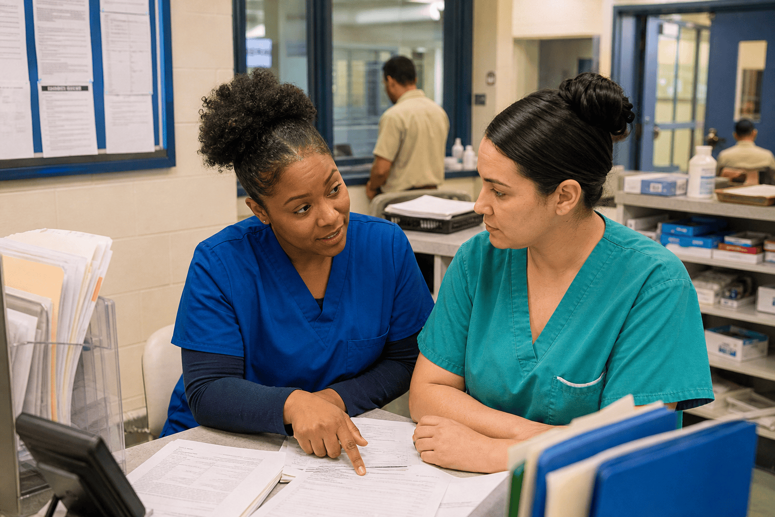 Two healthcare workers in scrubs sit at a desk discussing paperwork in a medical office, with files and supplies visible around them.