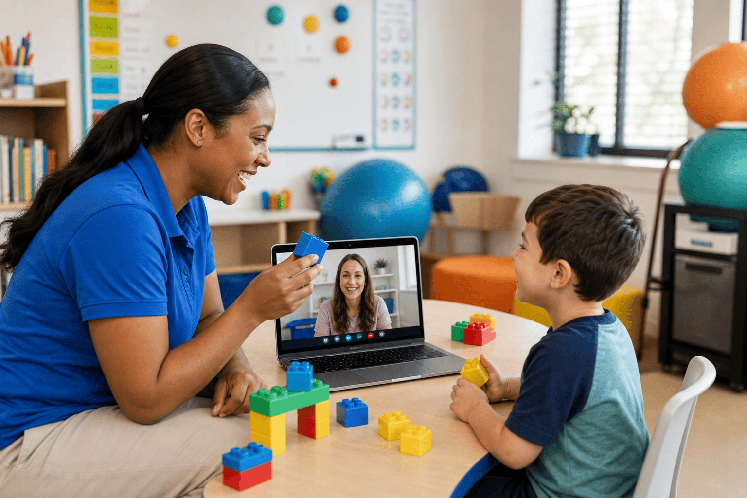 A woman and a young boy play with building blocks at a table while video chatting with another woman on a laptop screen in a brightly lit classroom.