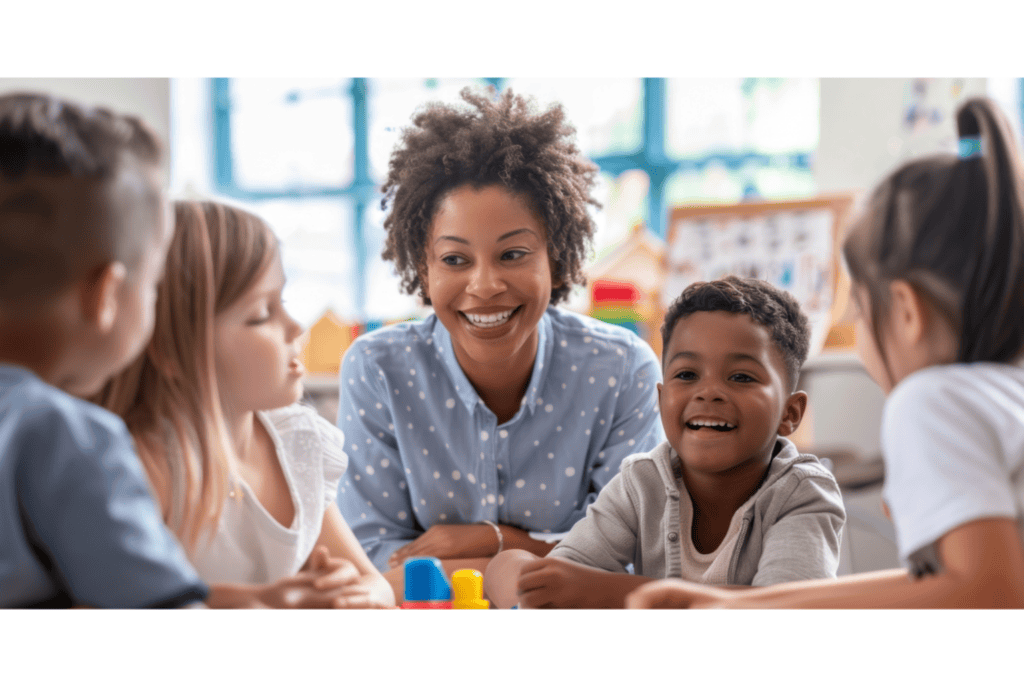 A teacher sits at a table, smiling with four young children as they play and talk together in a brightly lit classroom.