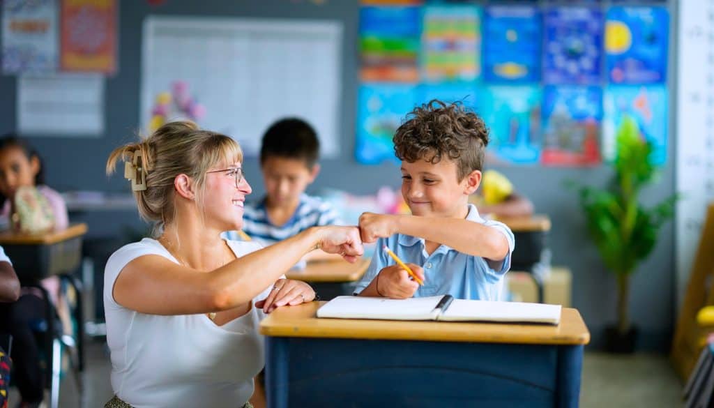 A teacher and a student fist-bump at a classroom desk.