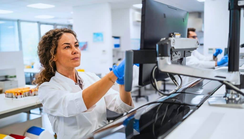 A scientist in a lab coat and blue gloves adjusts a computer monitor in a laboratory, with a colleague working in the background.