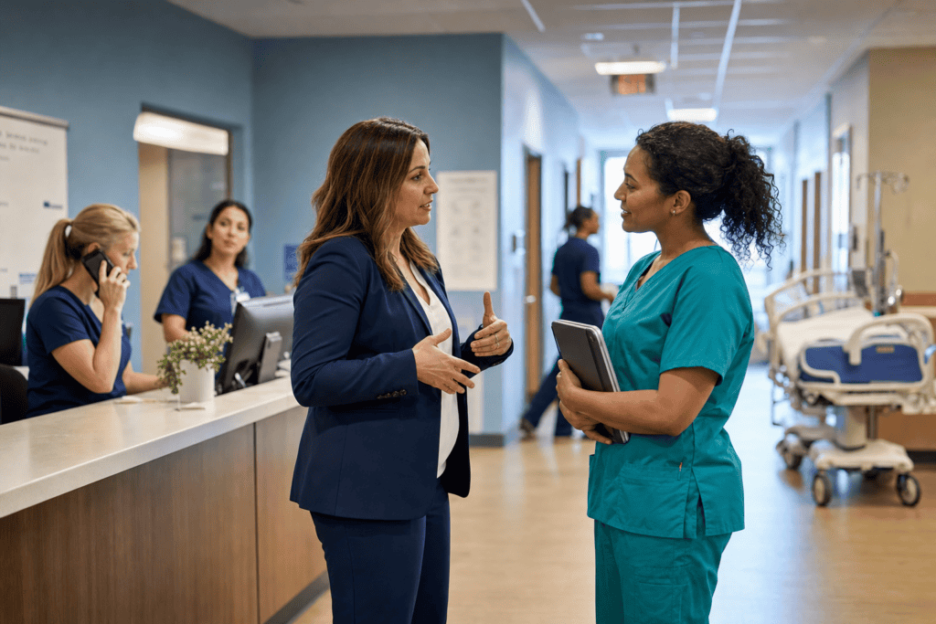 A healthcare administrator in a navy suit and a nurse in teal scrubs talk in a hospital hallway.