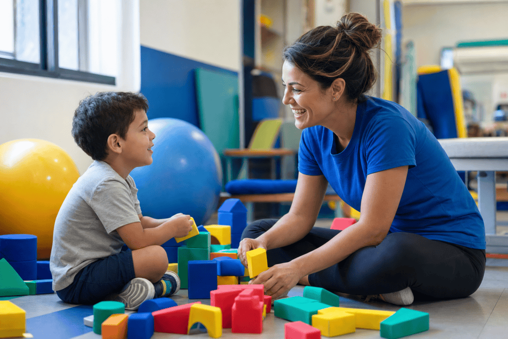 A smiling woman sitting on the floor plays with colorful building blocks with a young boy.