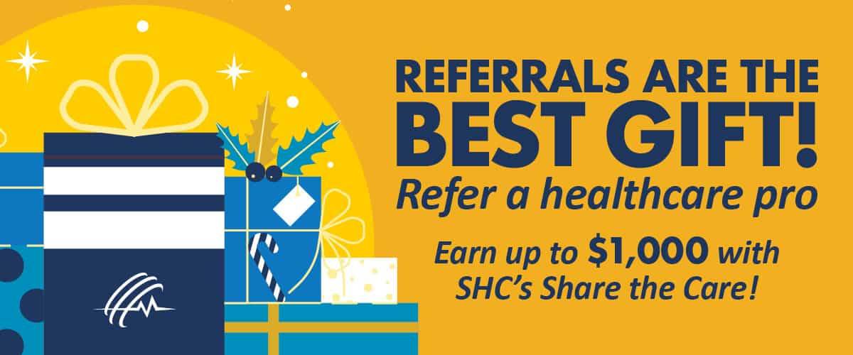 Promotional graphic for summer referral bonuses featuring a beach scene with a surfboard, flamingo float, beach ball, and tropical leaves. Text reads: "Splash into Referral Bonuses This Summer with SHC!.