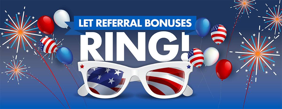 Promotional graphic for summer referral bonuses featuring a beach scene with a surfboard, flamingo float, beach ball, and tropical leaves. Text reads: "Splash into Referral Bonuses This Summer with SHC!.