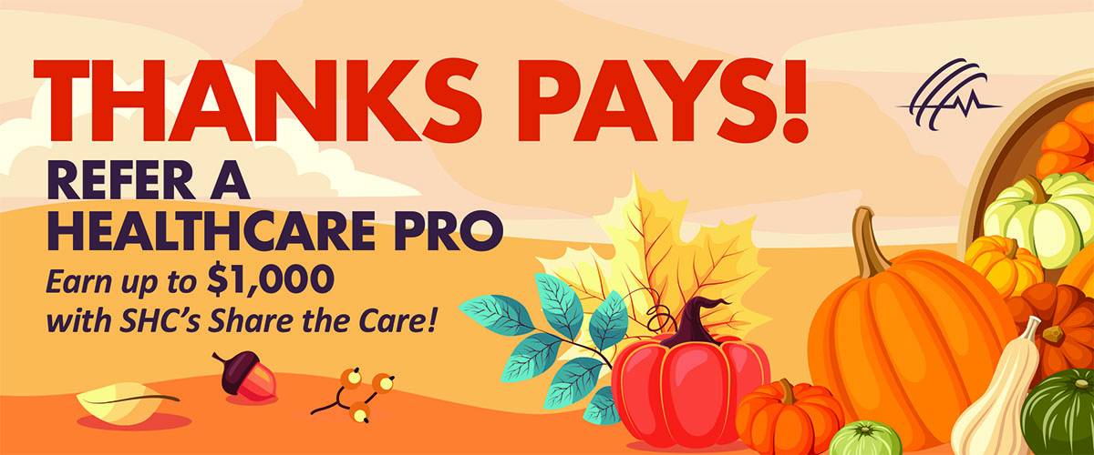 Promotional graphic for summer referral bonuses featuring a beach scene with a surfboard, flamingo float, beach ball, and tropical leaves. Text reads: "Splash into Referral Bonuses This Summer with SHC!.