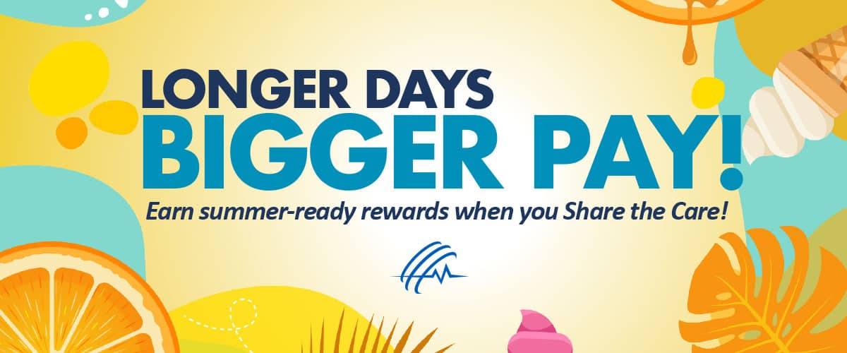 Promotional graphic for summer referral bonuses featuring a beach scene with a surfboard, flamingo float, beach ball, and tropical leaves. Text reads: "Splash into Referral Bonuses This Summer with SHC!.