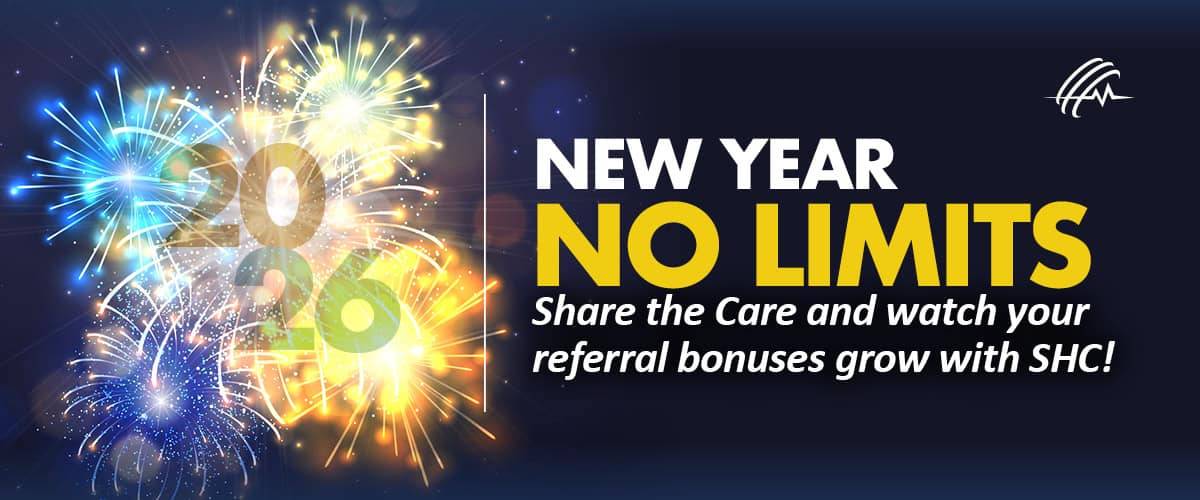 Promotional graphic for summer referral bonuses featuring a beach scene with a surfboard, flamingo float, beach ball, and tropical leaves. Text reads: "Splash into Referral Bonuses This Summer with SHC!.