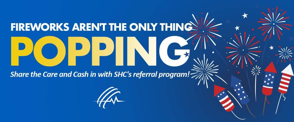 Promotional graphic for summer referral bonuses featuring a beach scene with a surfboard, flamingo float, beach ball, and tropical leaves. Text reads: "Splash into Referral Bonuses This Summer with SHC!.