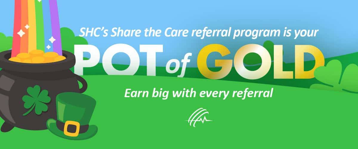 Promotional graphic for summer referral bonuses featuring a beach scene with a surfboard, flamingo float, beach ball, and tropical leaves. Text reads: "Splash into Referral Bonuses This Summer with SHC!.